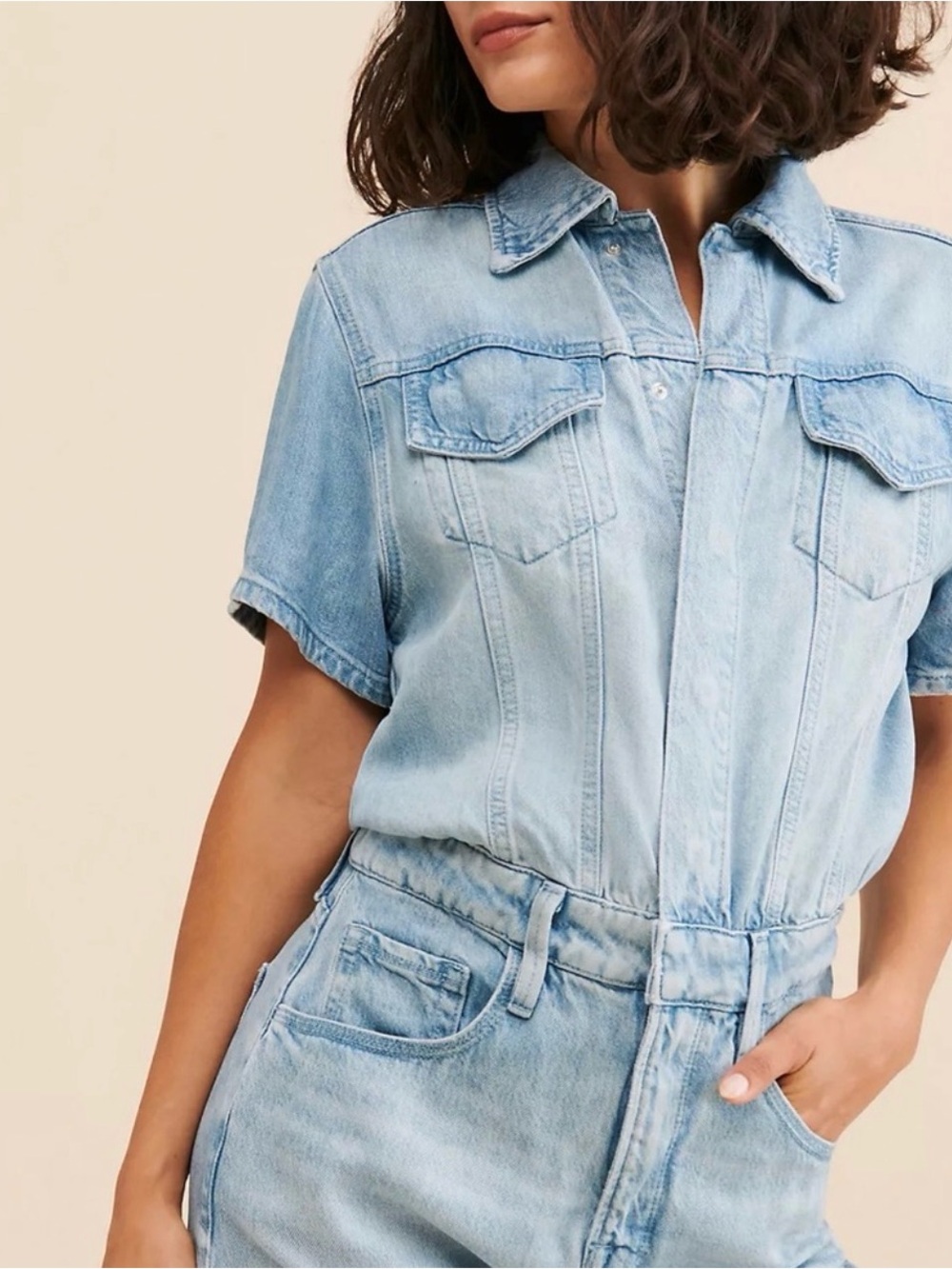 Good American Light Wash Denim Romper with Button Placket